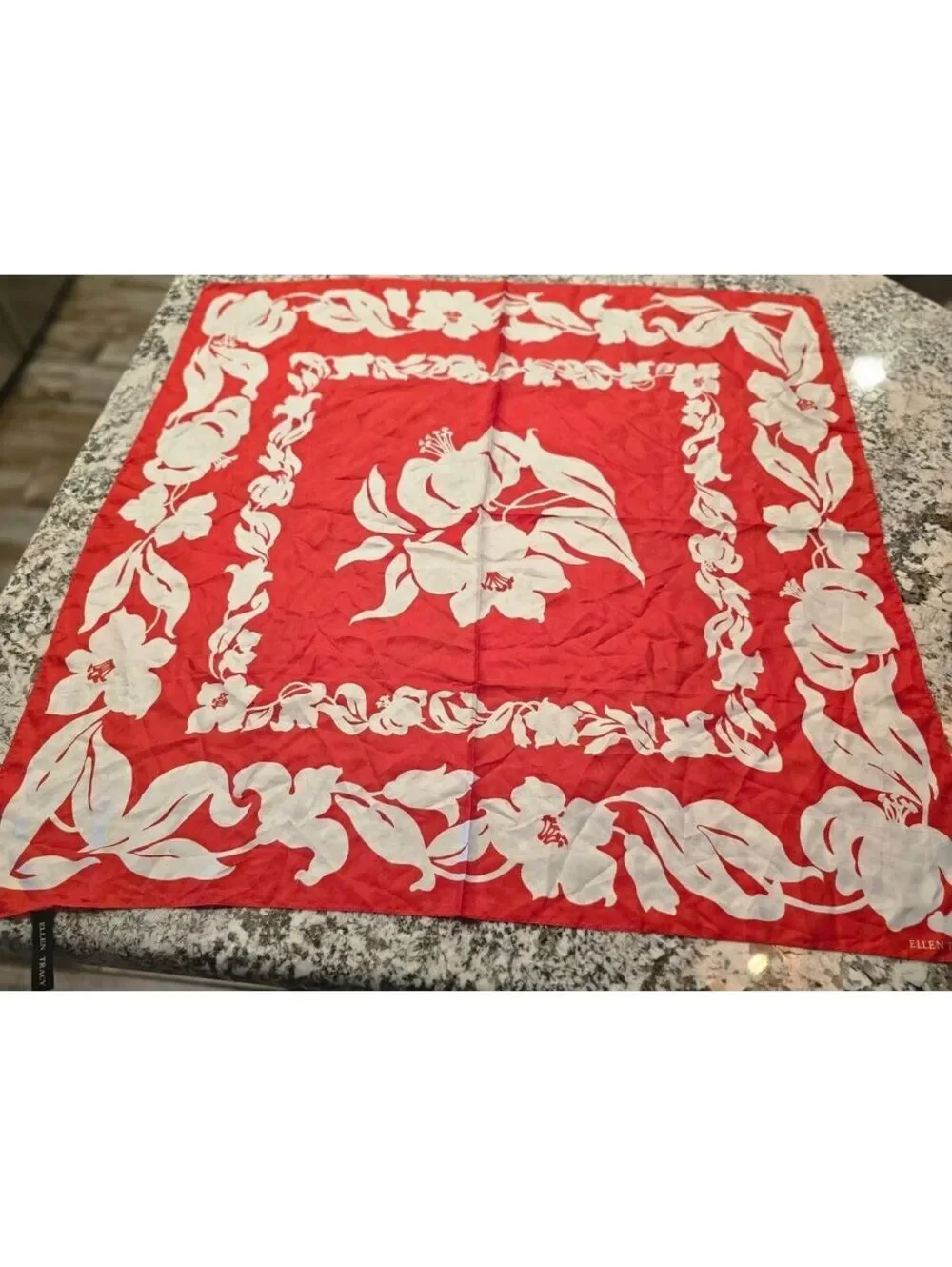 Vintage Ellen Tracy Red White Hibiscus Floral 100% Silk Square Scarf
